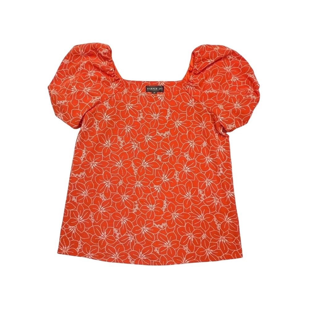 HARPER 241 Orange & White Floral Puff Sleeve Bohemian Top Size M